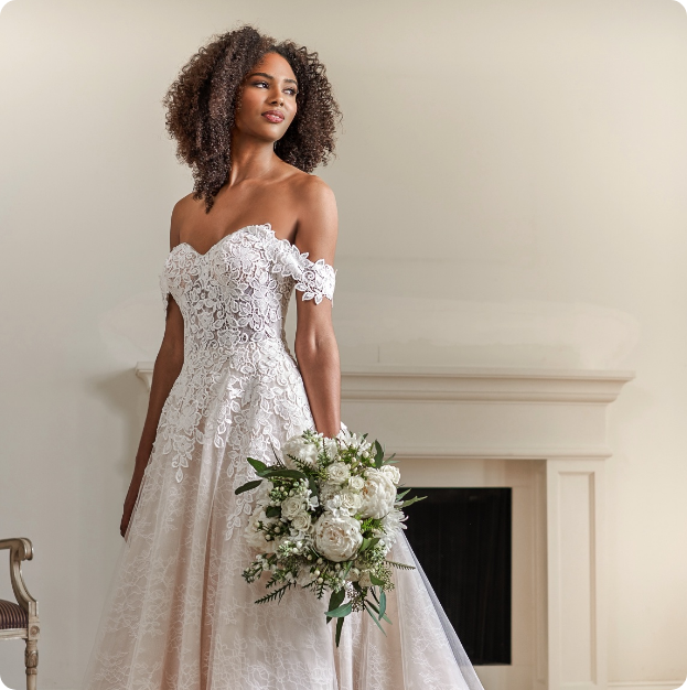 Full Length Exposed Shoulder Warm Gray Wedding Dress by Myline's Bridal in Greensboro, NC