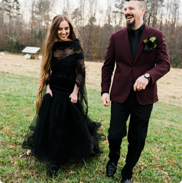 Custom Black Wedding Dress outside by Myline in Greensboro, NC